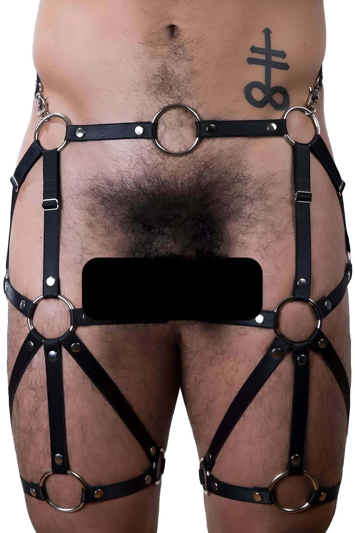 erkek bel uyluk jartiyer harness önden görünüm çapraz şerit yapısı siyah