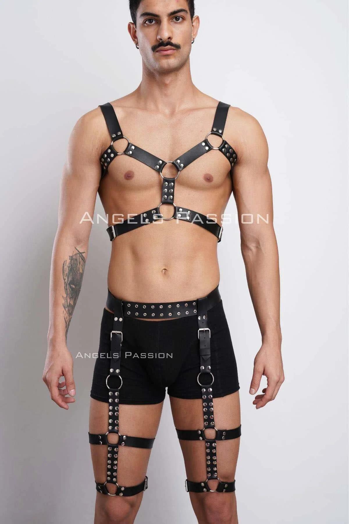 Studded Full Body Harness Set with Buckled Leg Straps