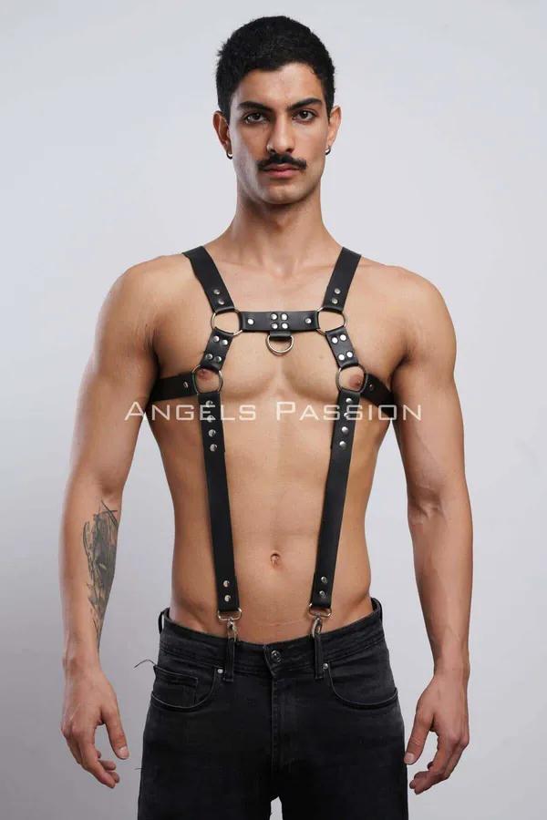 siyah vegan deri erkek göğüs harness gümüş O-ring ve D-ring pantolon askısı clubwear