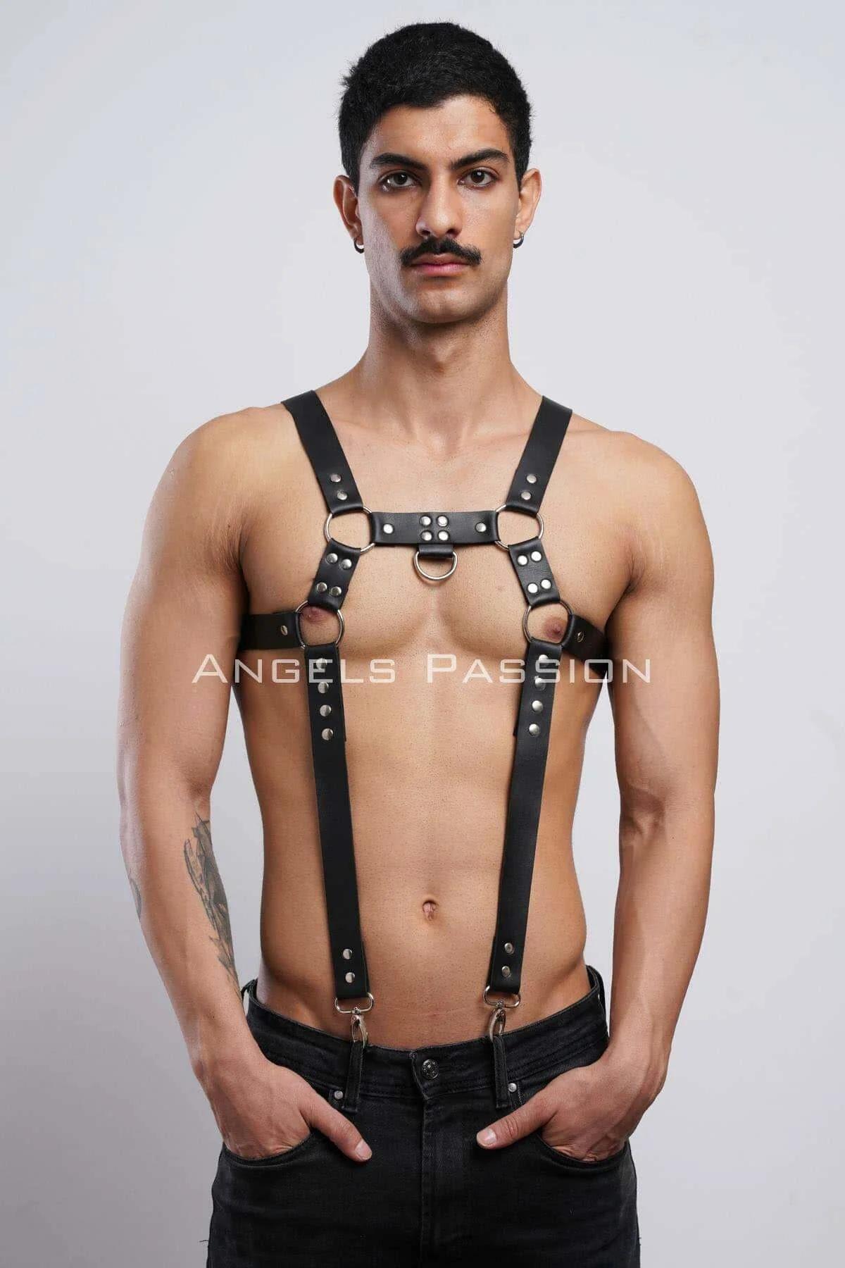 erkek siyah PU deri göğüs harness gümüş perçin detaylı yatay bağ kayışı