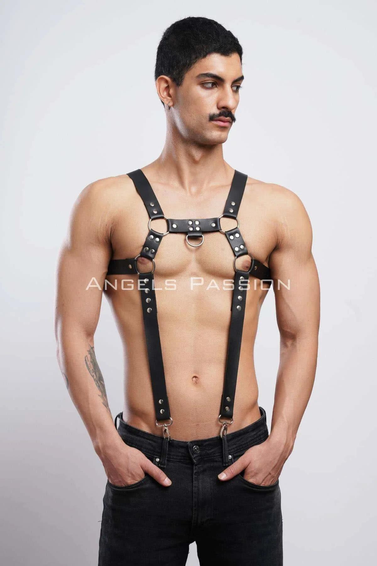 erkek clubwear siyah vegan deri harness yan profil O-ring halka detayı