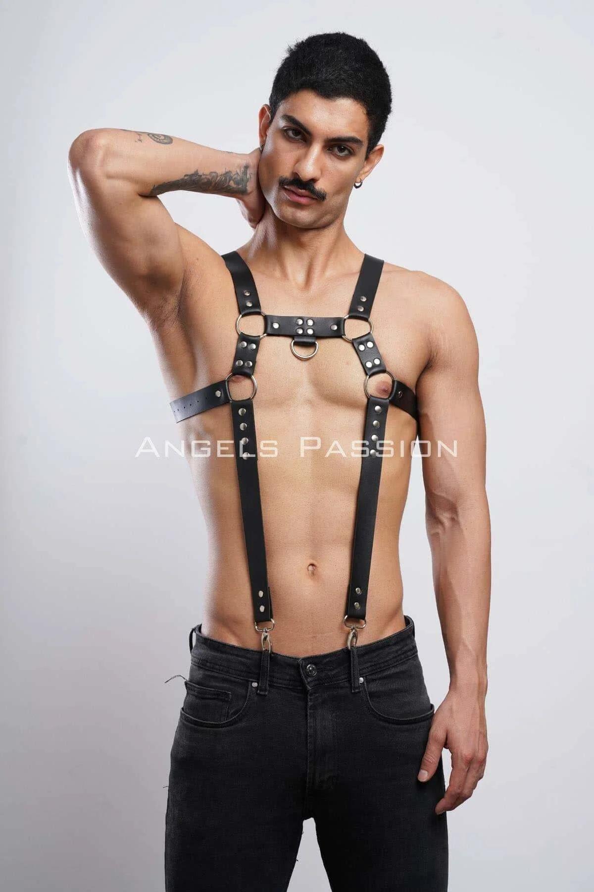 Black Chest Harness with Silver Rivets and Drop Straps