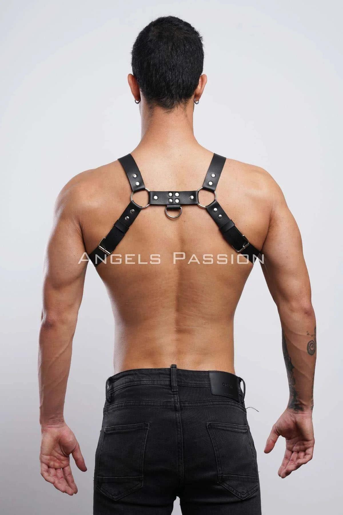 Black Chest Harness with Silver Rivets and Drop Straps