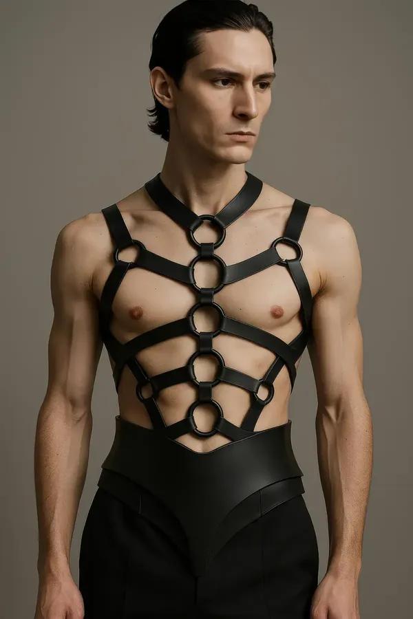 siyah erkek göğüs harness bodysuit 5 mat O-halka kafes yapı vegan deri yüksek bel slip panel