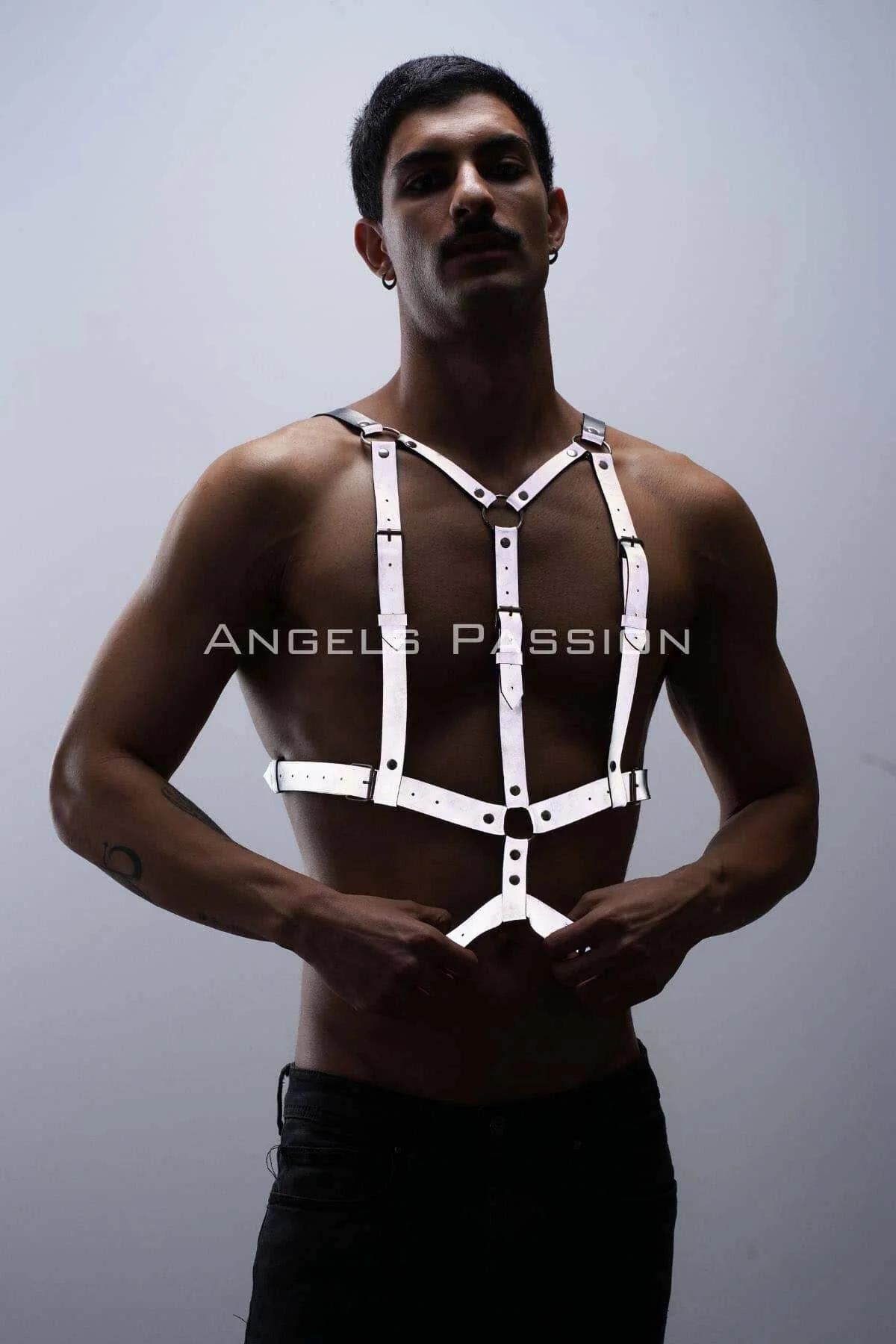Structured White Reflective Chest Harness with Silver Buckles