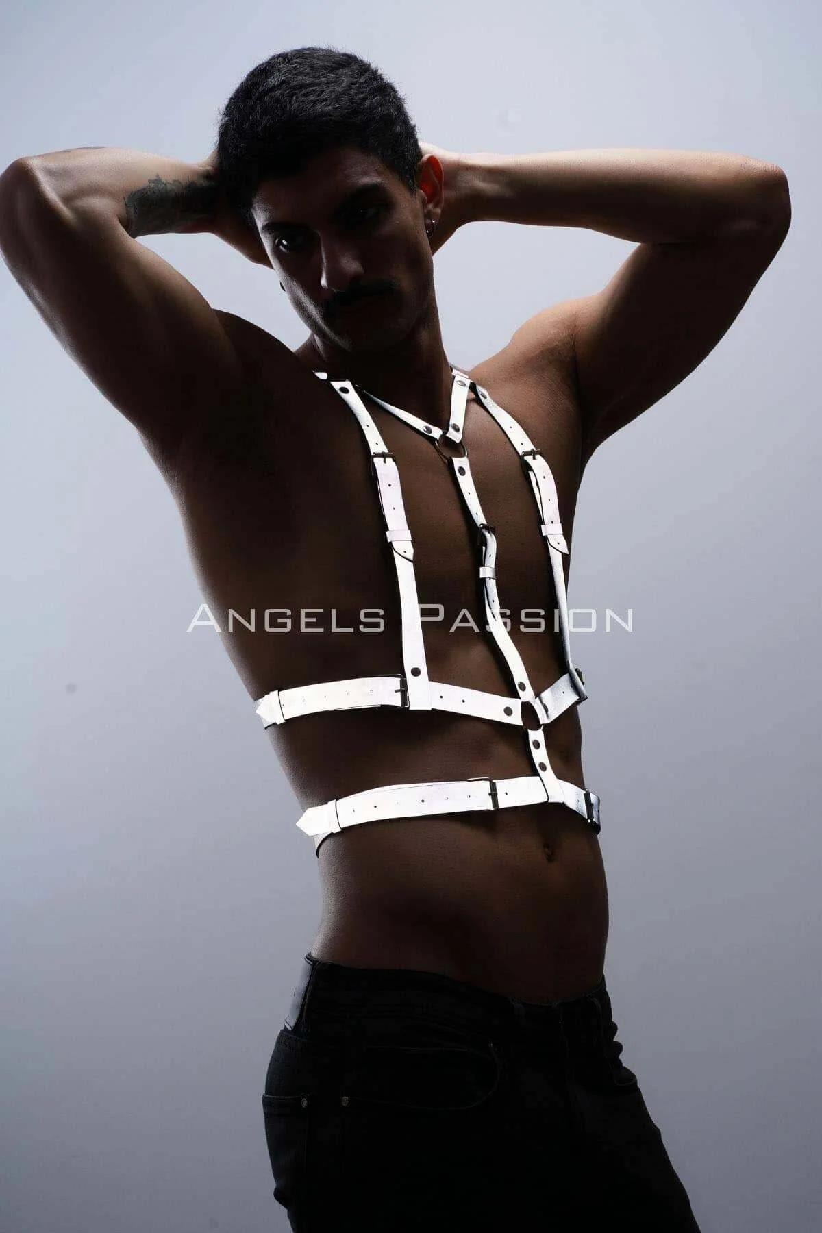 Structured White Reflective Chest Harness with Silver Buckles