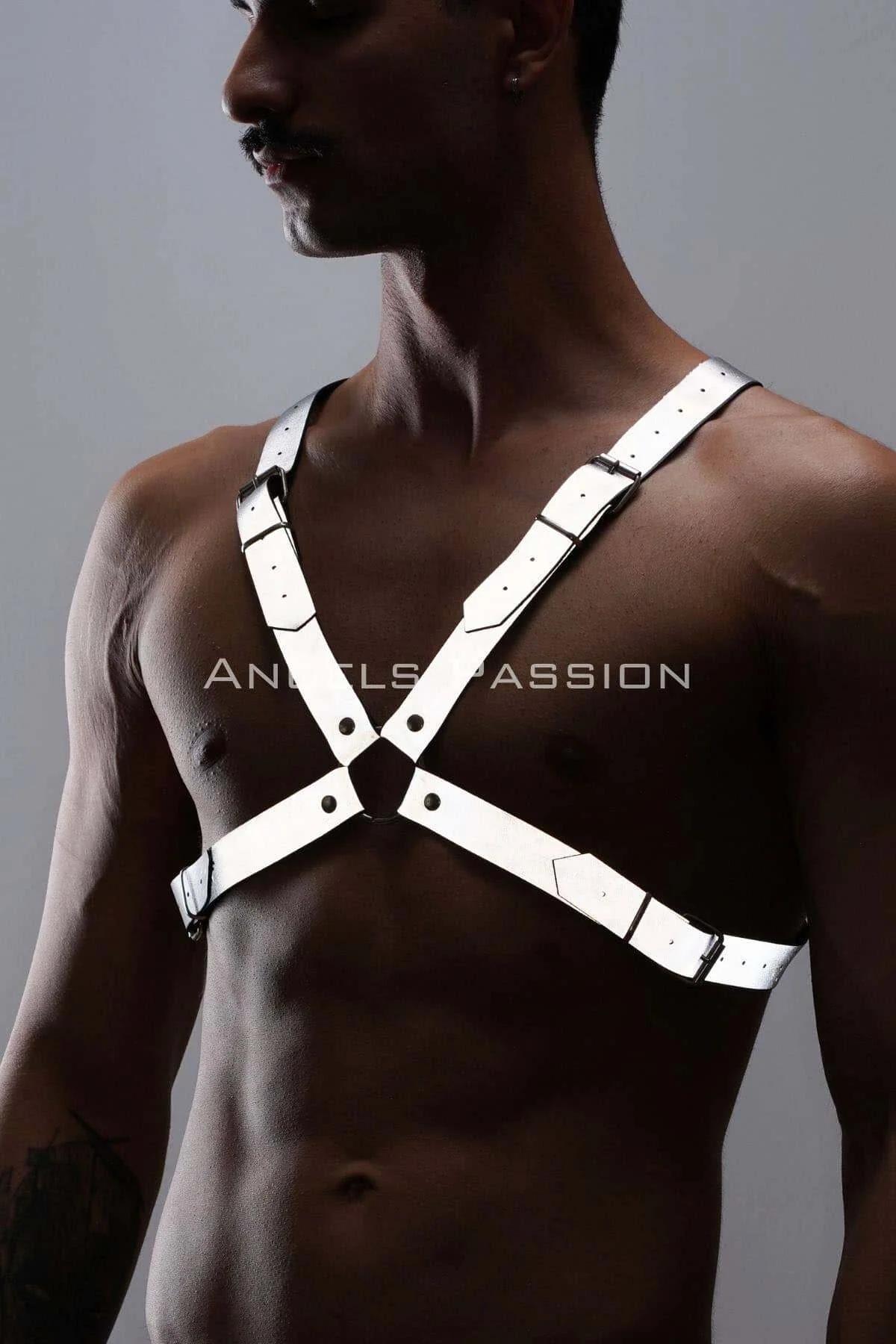 UV ışık altında parlayan beyaz reflektör erkek harness sahne performans aksesuarı