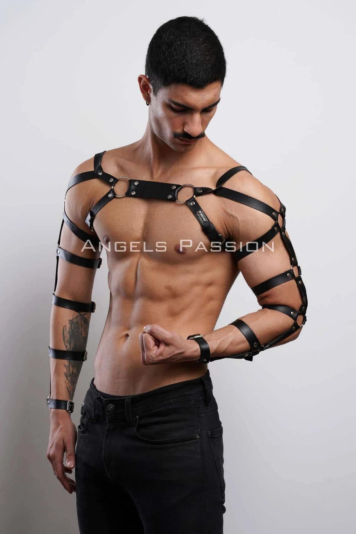 Faux Leather Chest Harness with Full Arm Straps