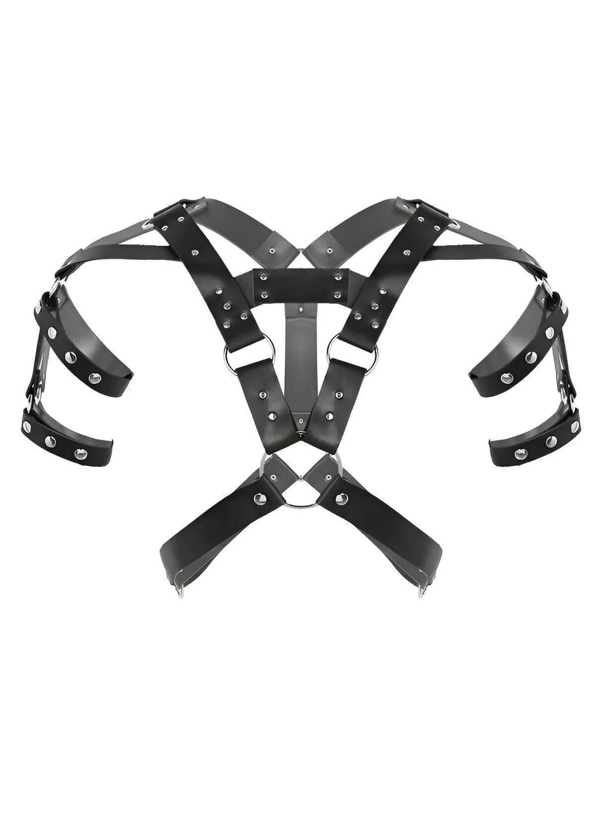 siyah PU deri erkek harness omuz bantları gümüş perçin detay yakın çekim