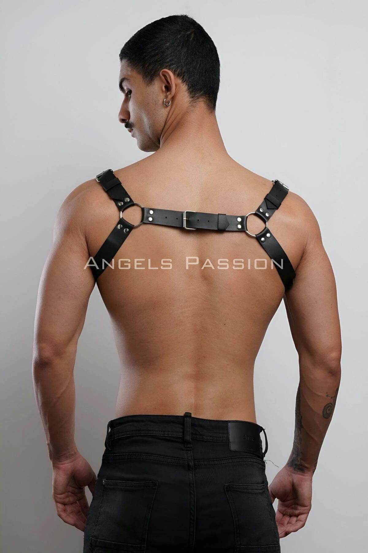Black Chest Harness with Three Gold O-Rings and Stud Details