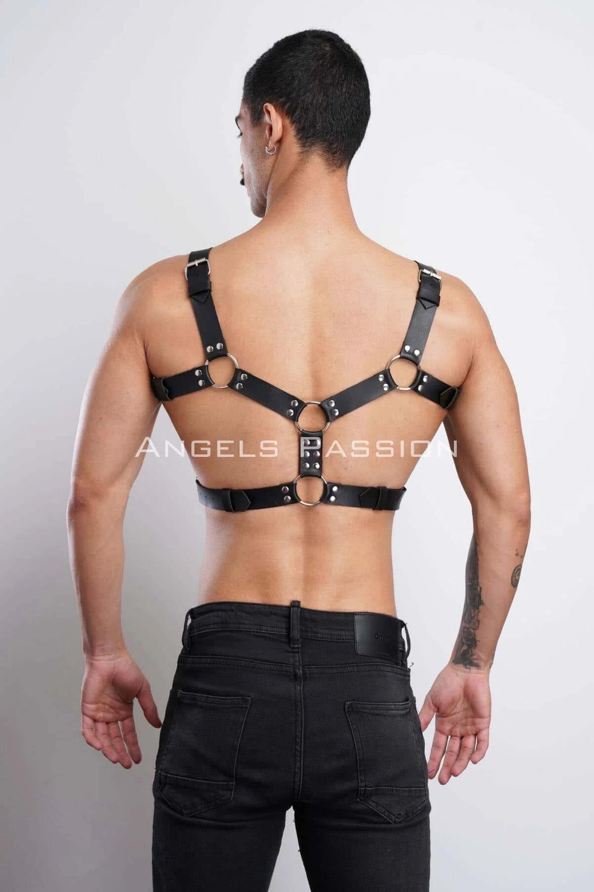 Black Studded Chest Harness with Three O-Rings and Side Buckles