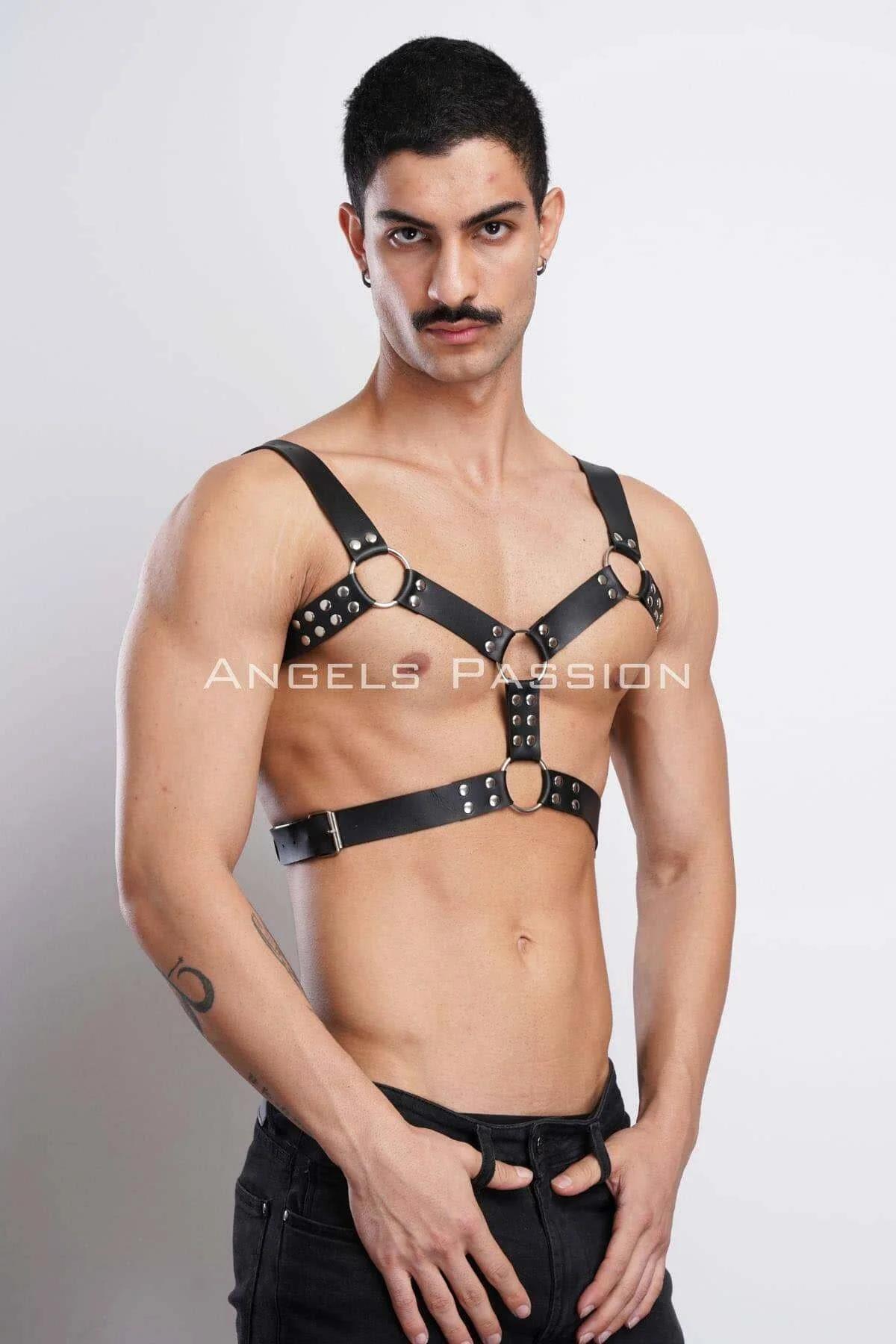 erkek deri harness V şekilli çapraz omuz askı sistemi gümüş donanım yan açı