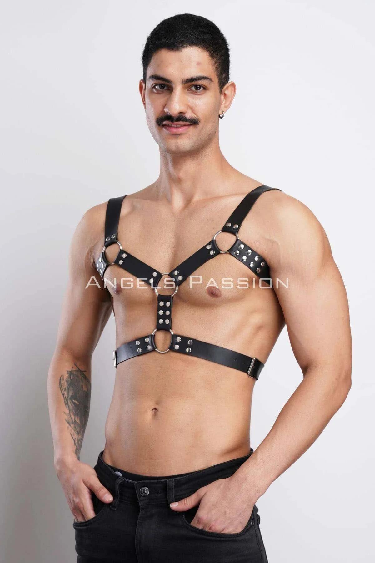 Black Studded Chest Harness with Three O-Rings and Side Buckles