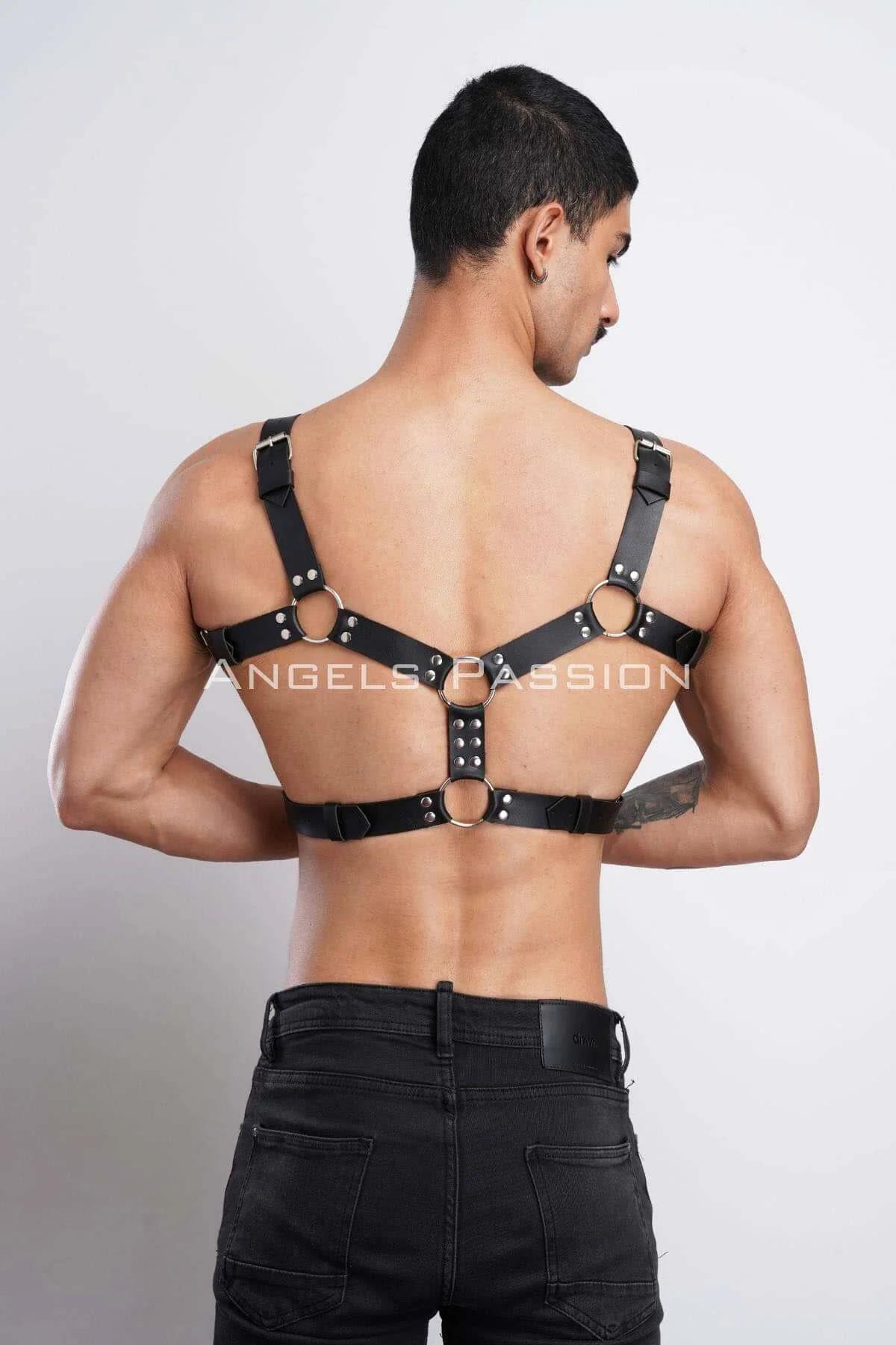 Black Studded Chest Harness with Three O-Rings and Side Buckles