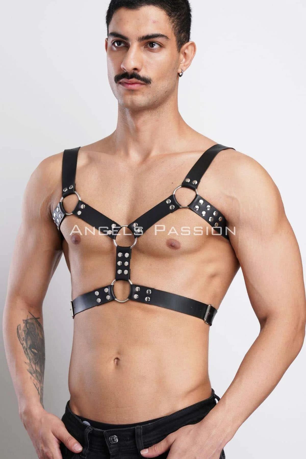 Black Studded Chest Harness with Three O-Rings and Side Buckles