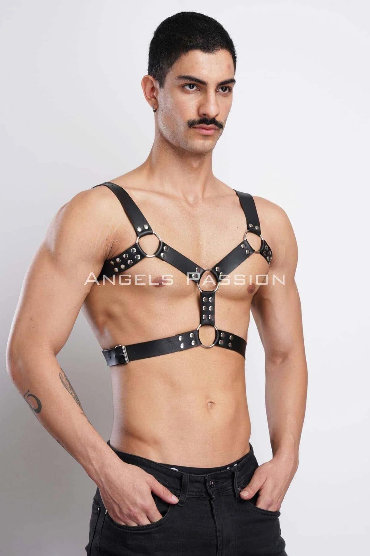 Black Studded Chest Harness with Three O-Rings and Side Buckles
