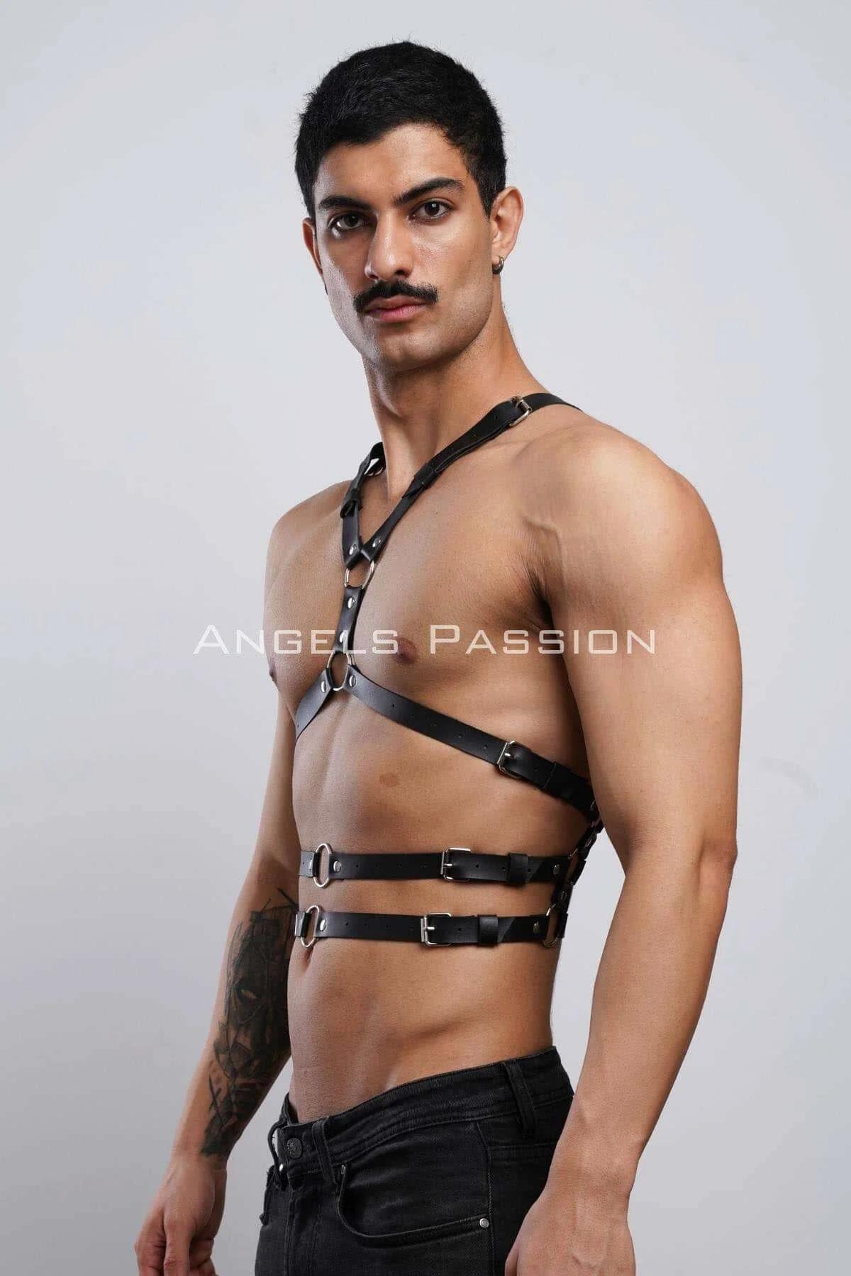 Black Cage Body Harness with Gold O-Rings and Back Panel