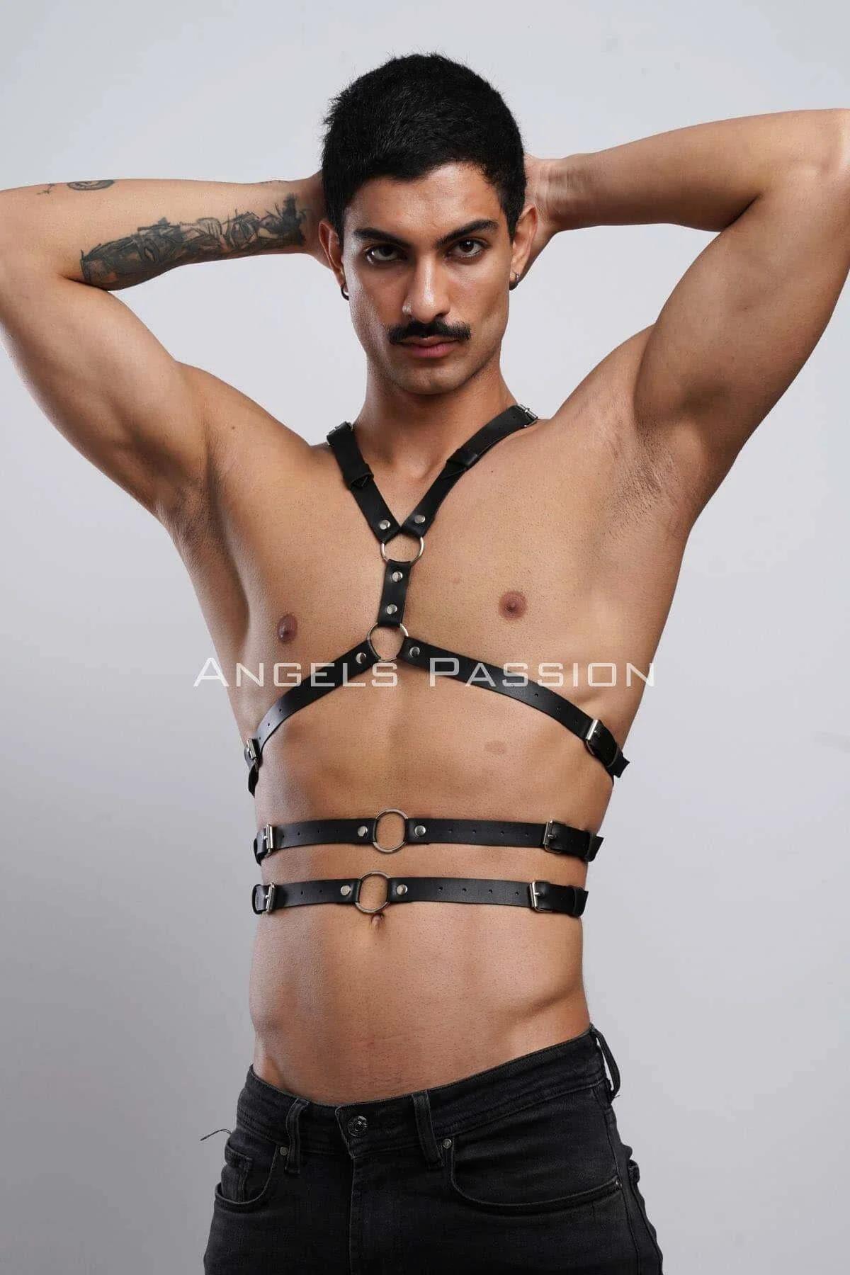 Black Cage Body Harness with Gold O-Rings and Back Panel