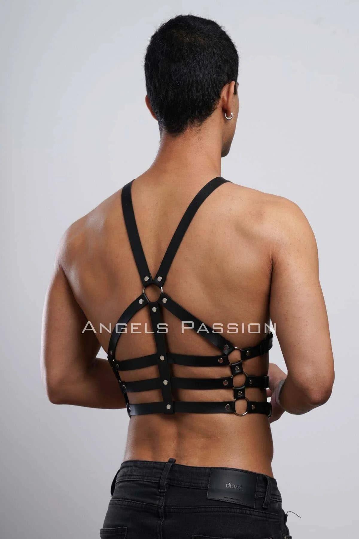 Black Cage Body Harness with Gold O-Rings and Back Panel