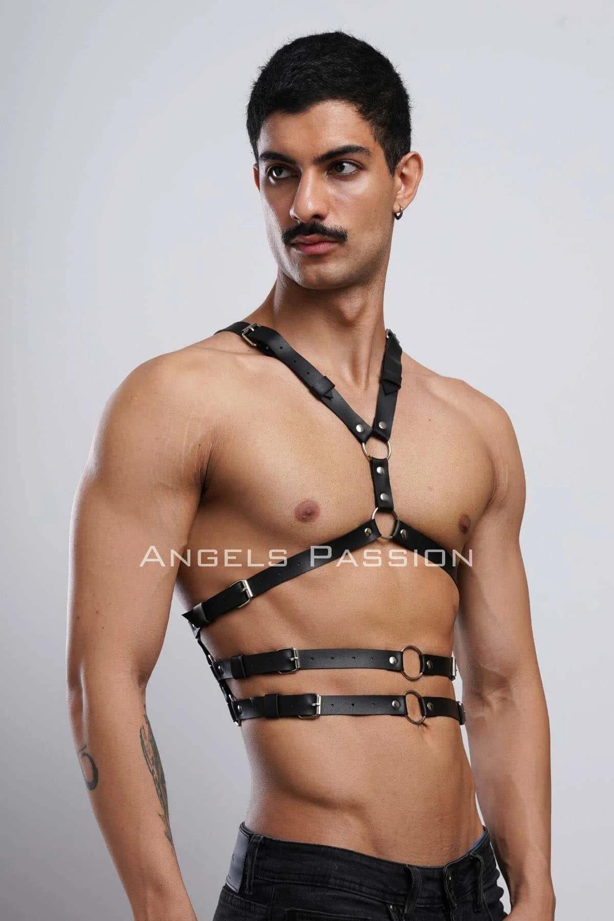 Black Cage Body Harness with Gold O-Rings and Back Panel