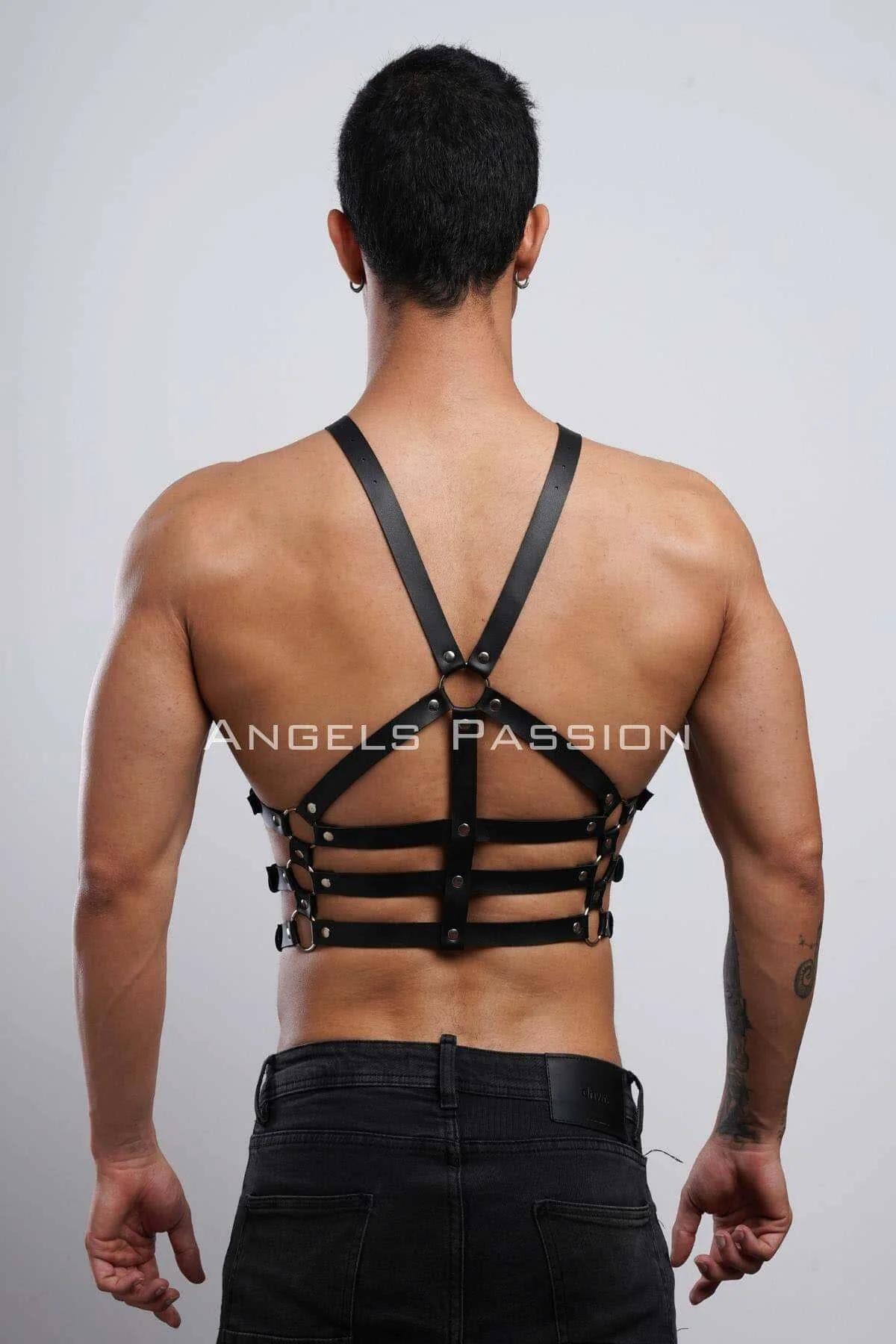 Black Cage Body Harness with Gold O-Rings and Back Panel