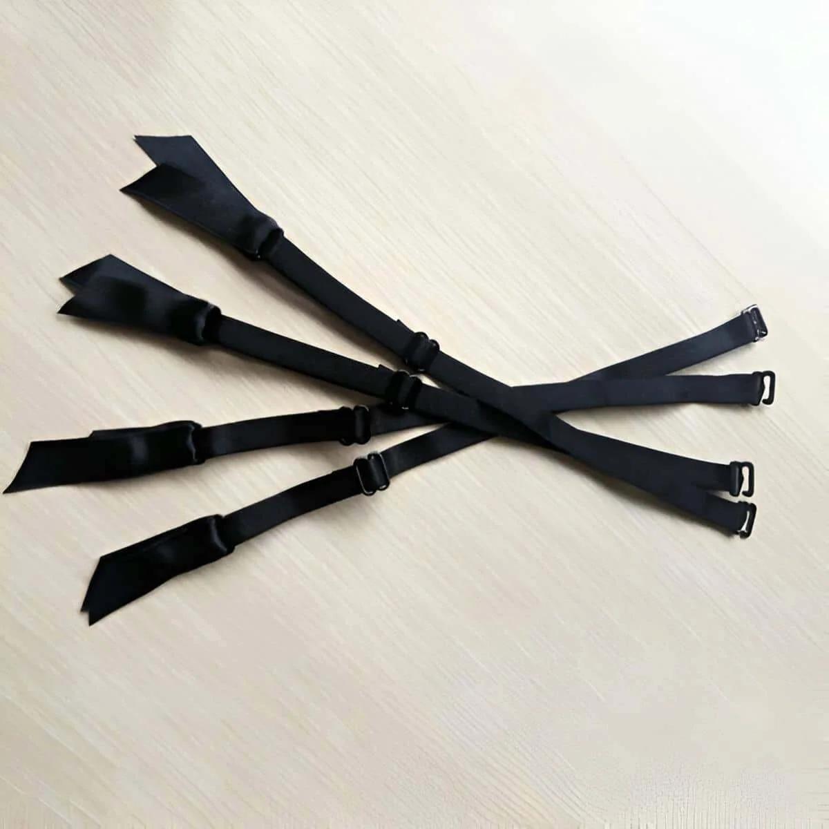black elastic garter straps set of 4 with satin ribbon ends and black metal clips adjustable