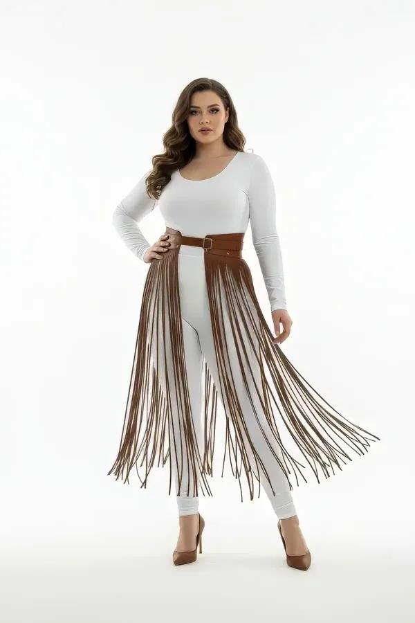 Brown Fringe Faux Leather Waist Harness Skirt