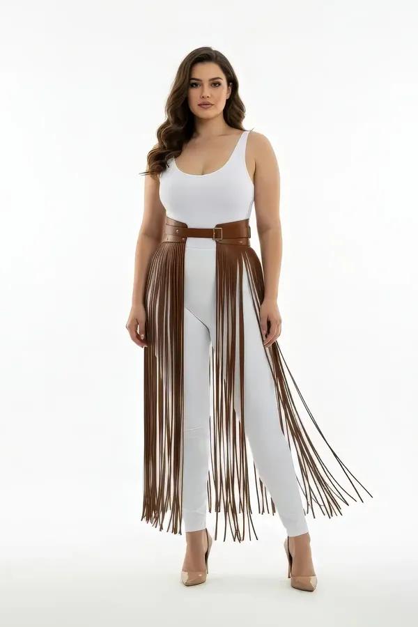Brown Fringe Faux Leather Waist Harness Skirt