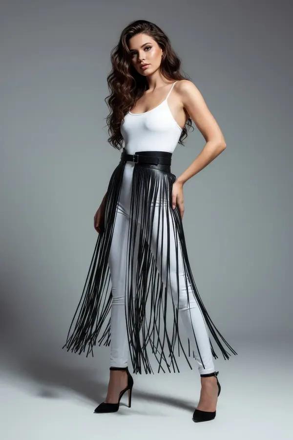 Fringe Belt Skirt with Long Faux Leather Tassels