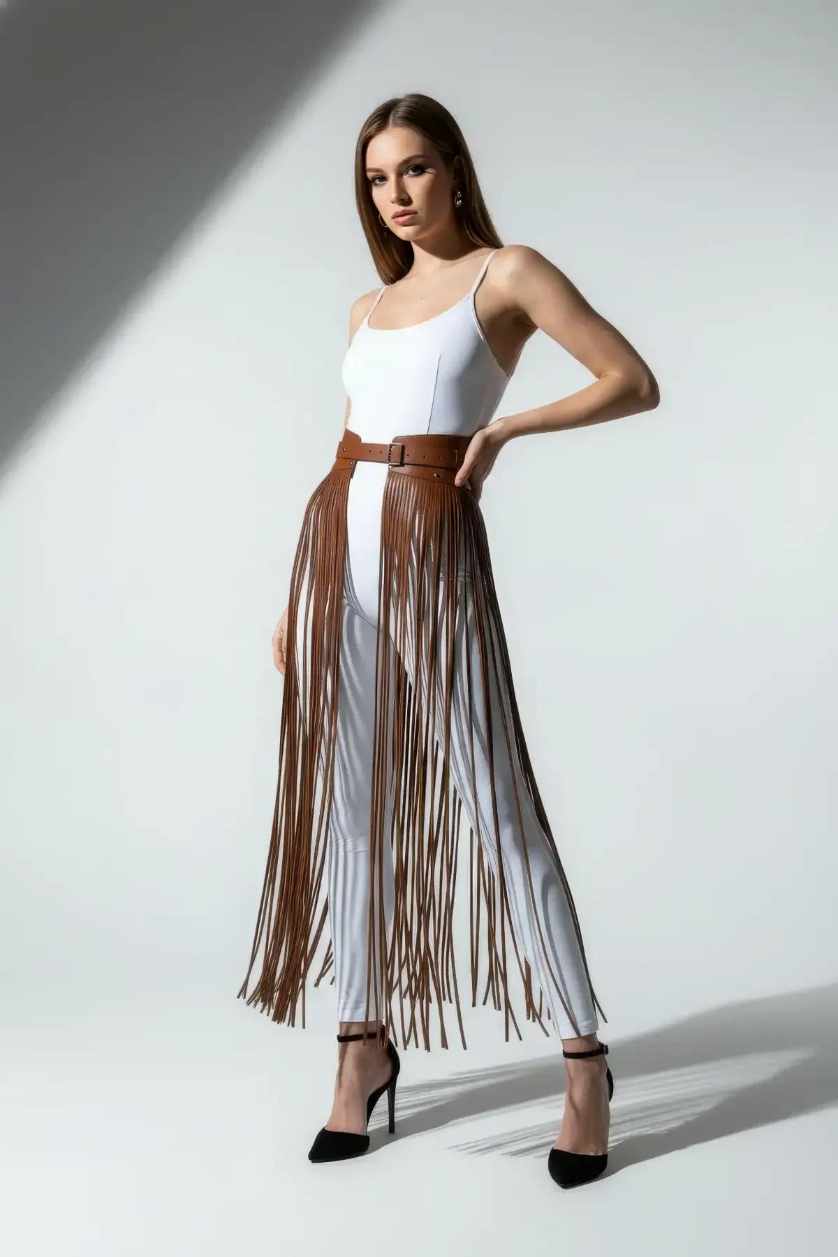 Faux Leather Waist Belt with Long Fringe Overlay