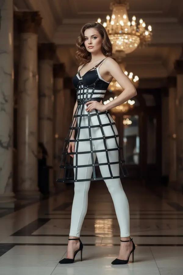 Structured Cage Skirt with Faux Leather Strapping
