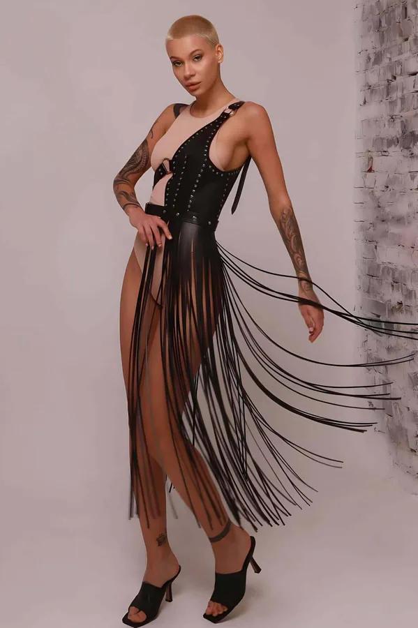 Asymmetrical Fringe Faux Leather Harness Skirt