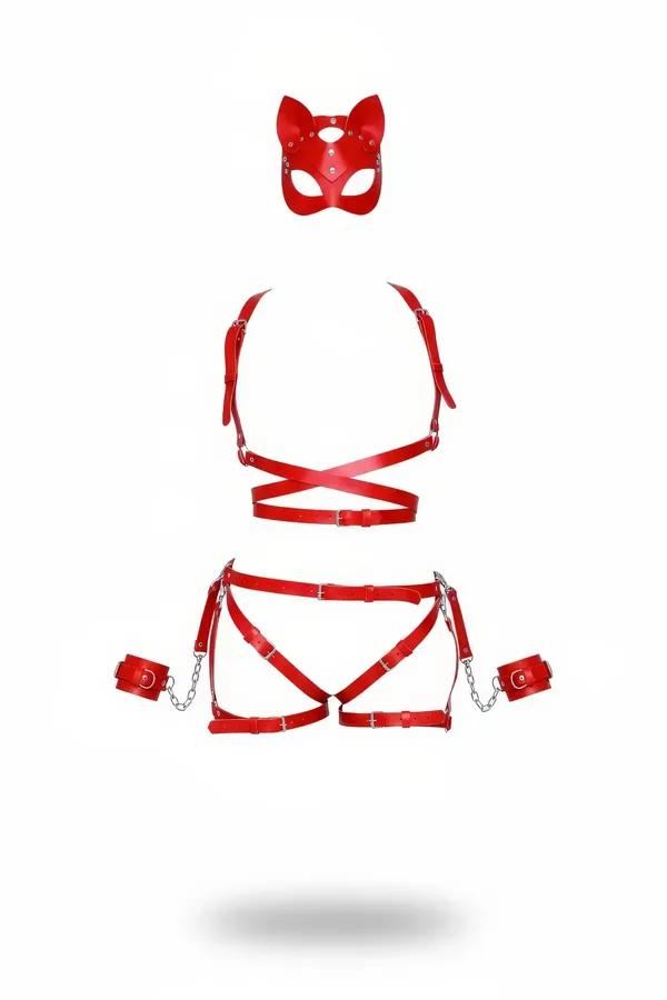Red Faux Leather Body Harness Set with Cat Mask & Cuffs