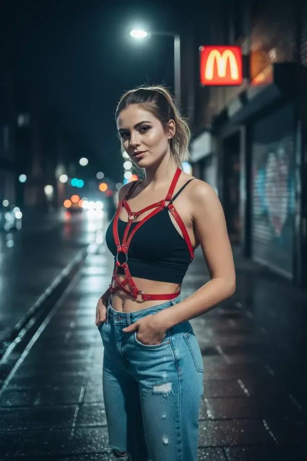 Strappy Red Faux Leather Chest Harness with O-Rings