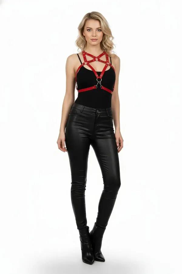 Red Caged Chest Harness Bra with Adjustable O-Rings