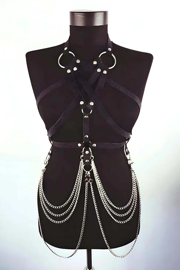Faux Leather Full Body Harness with Multi-Chain Skirt
