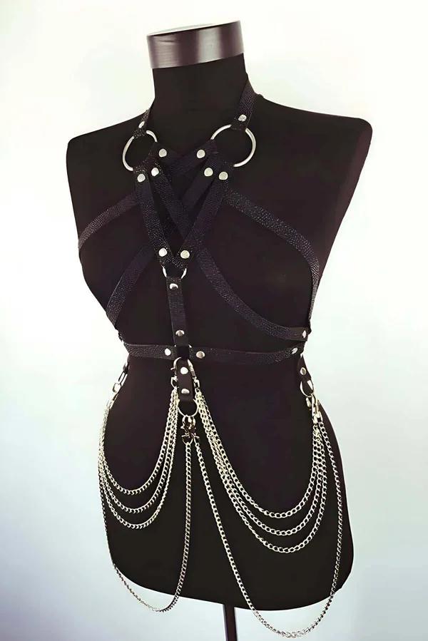 Faux Leather Full Body Harness with Multi-Chain Skirt