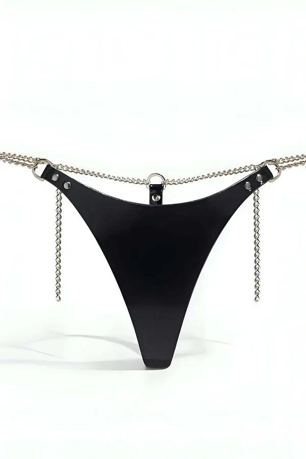 Thong Harness with Faux Leather Straps & Waist Chain