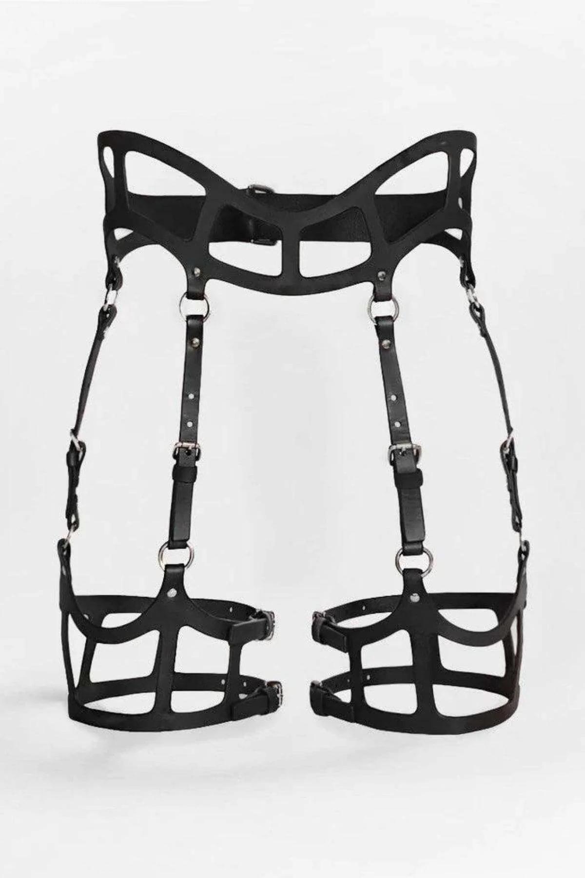 Black Cage Garter Harness with Structured Waist
