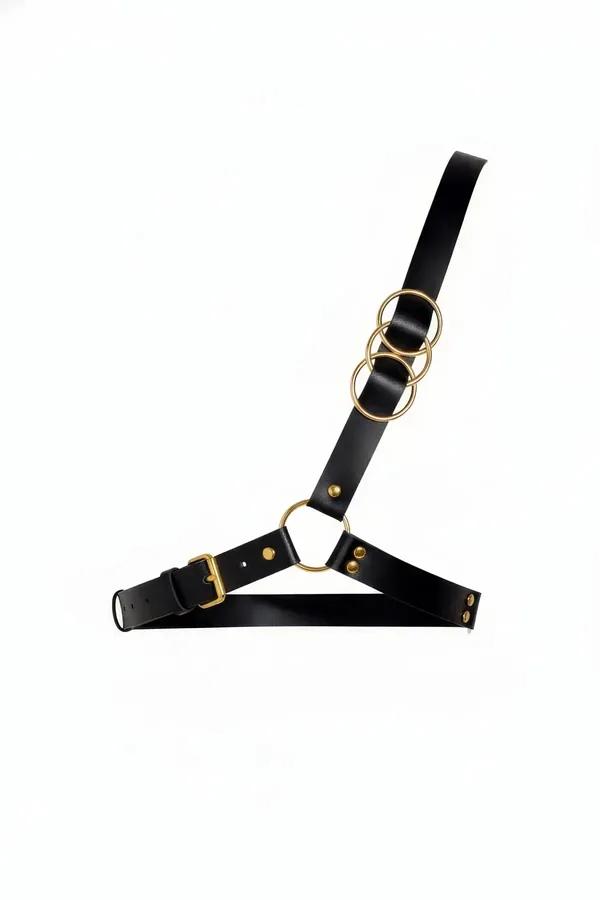 Black Faux Leather Body Harness with Triple Gold O-Rings