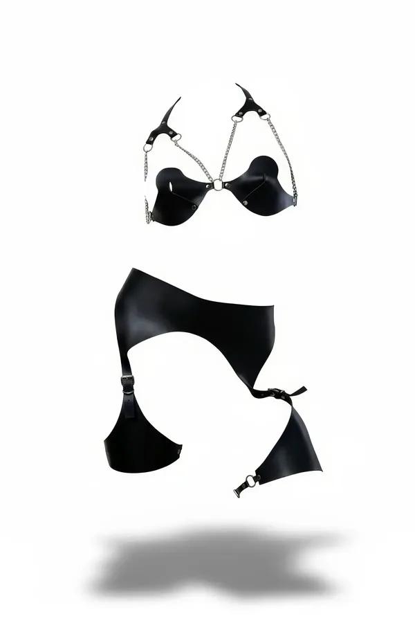 Faux Leather Harness Bra & Garter Belt Set with Chain Detail