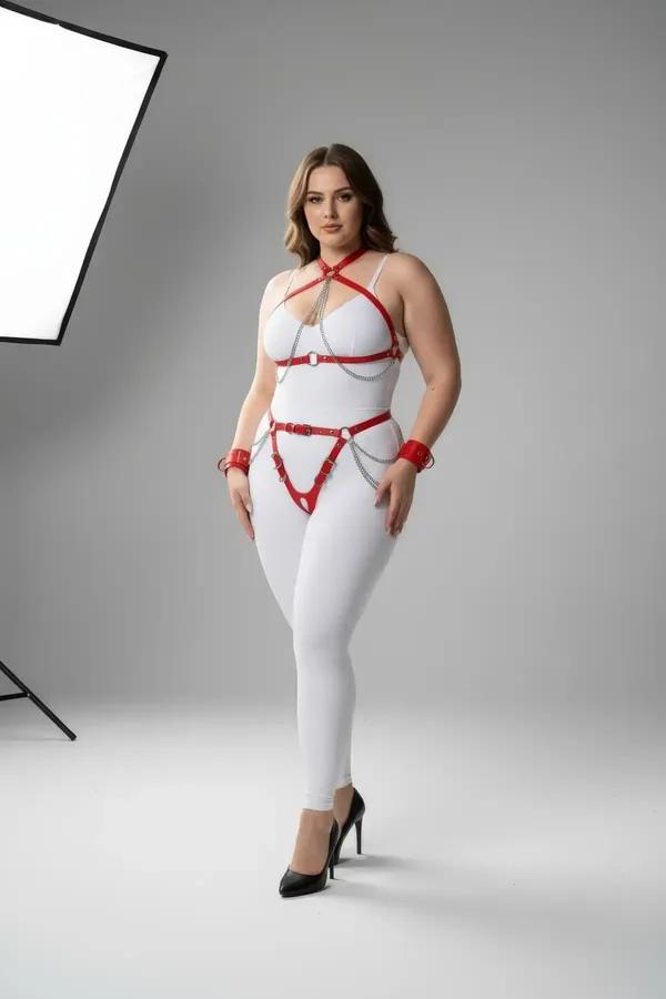 Red Full Body Harness with O-Rings and Waist Chain