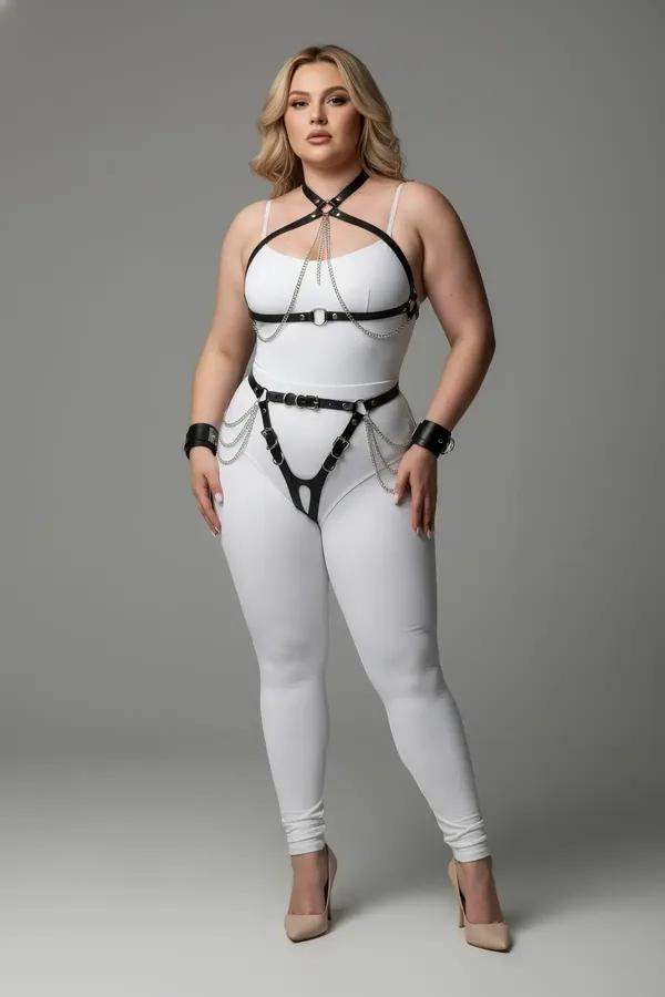 Black Faux Leather Full Body Harness with Choker & Cuffs