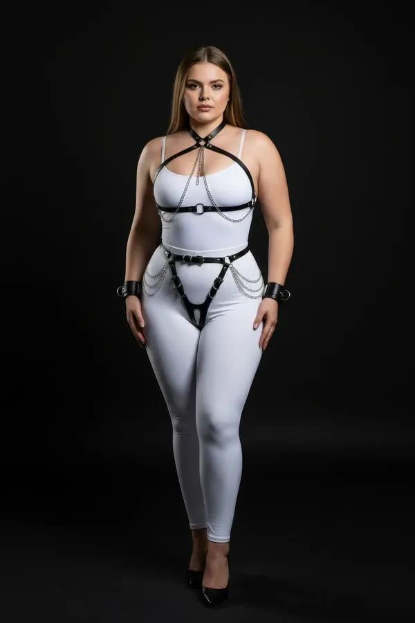 Black Faux Leather Full Body Harness with Choker & Cuffs