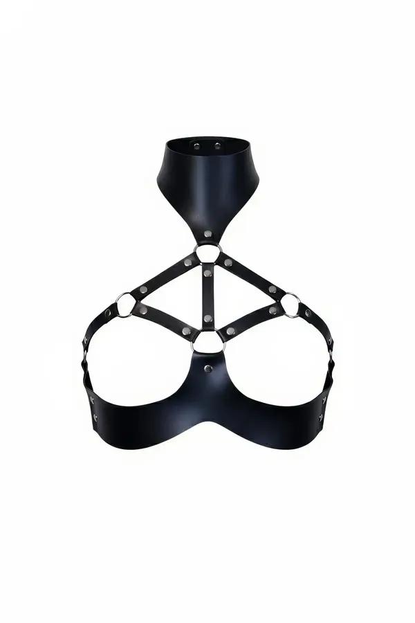 High Collar Faux Leather Chest Harness with O-Rings
