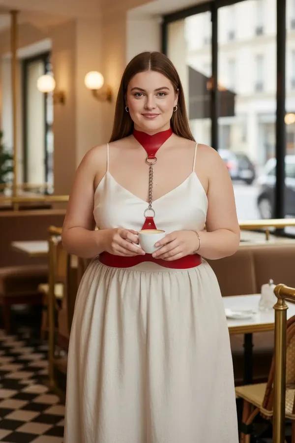 Red Vegan Leather Choker Chain Waist Harness