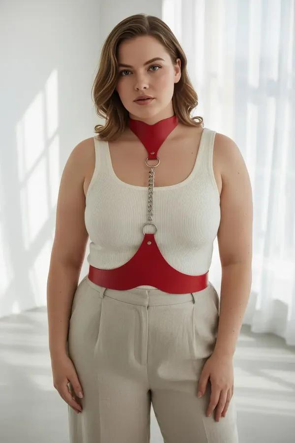 Red Vegan Leather Choker Chain Waist Harness