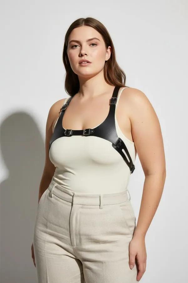 Adjustable Faux Leather Chest Harness with Buckle Details