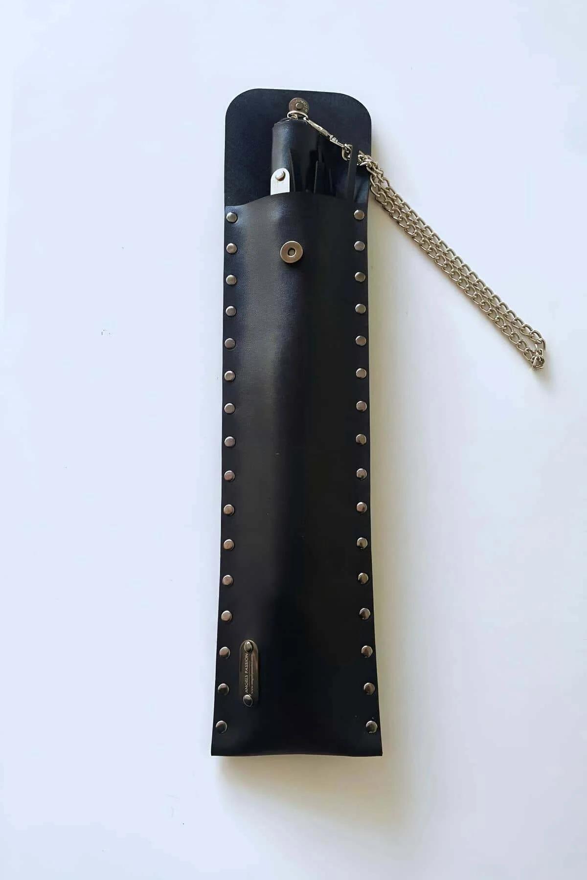 Studded Vegan Leather Cane with Detachable Chain & Pouch