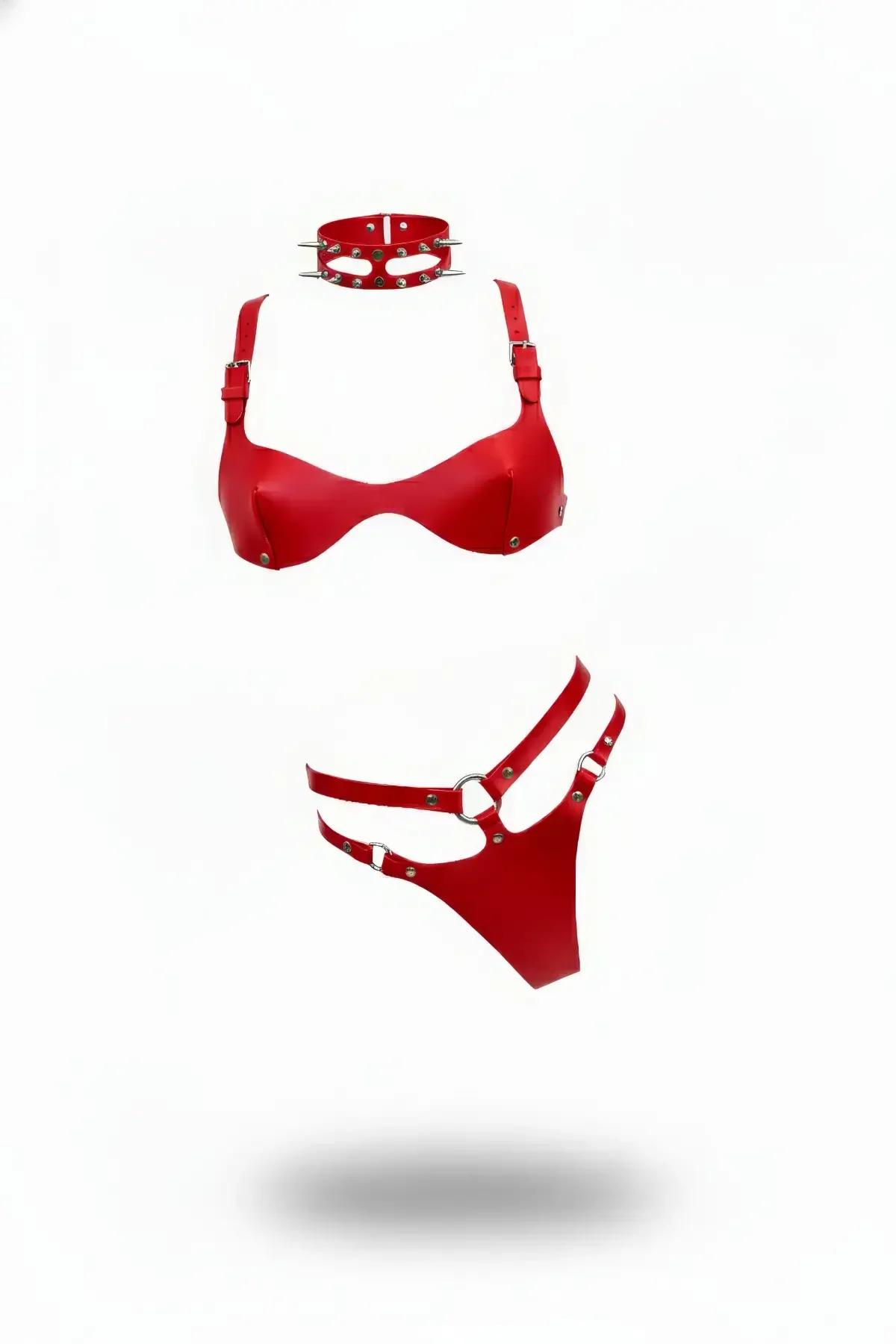 Red Faux Leather Bra, G-String, & Spiked Choker Set